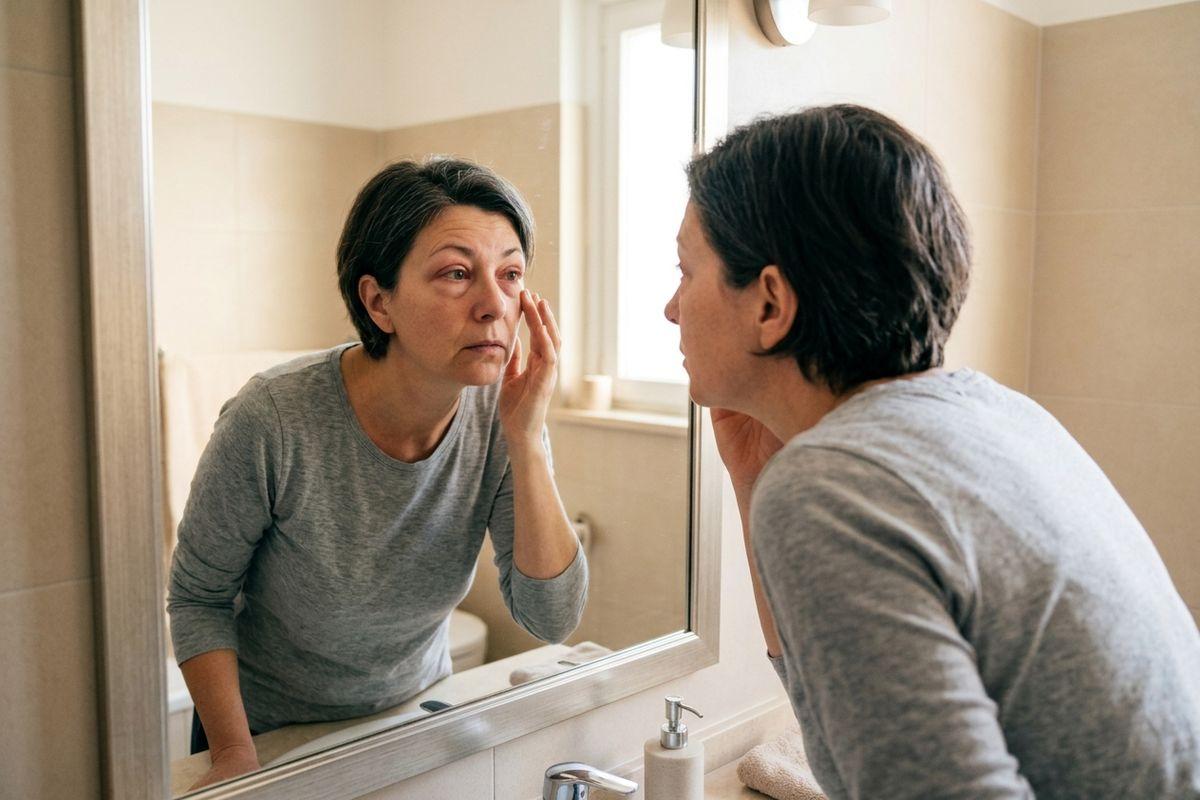 Adult in bathroom looking into mirror, touching skin under one eye with a focused expression.