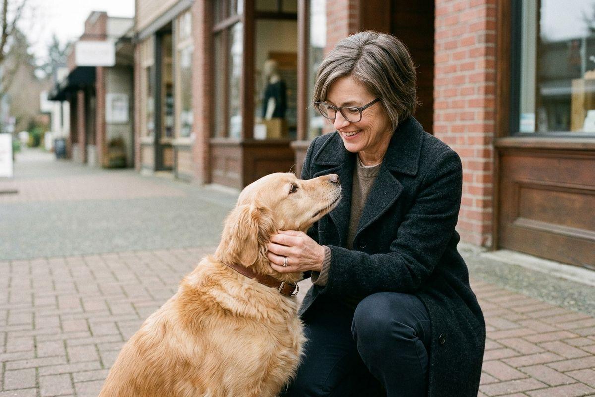 Adult kneeling on a sidewalk outside storefronts, smiling and petting a golden dog looking up at them.