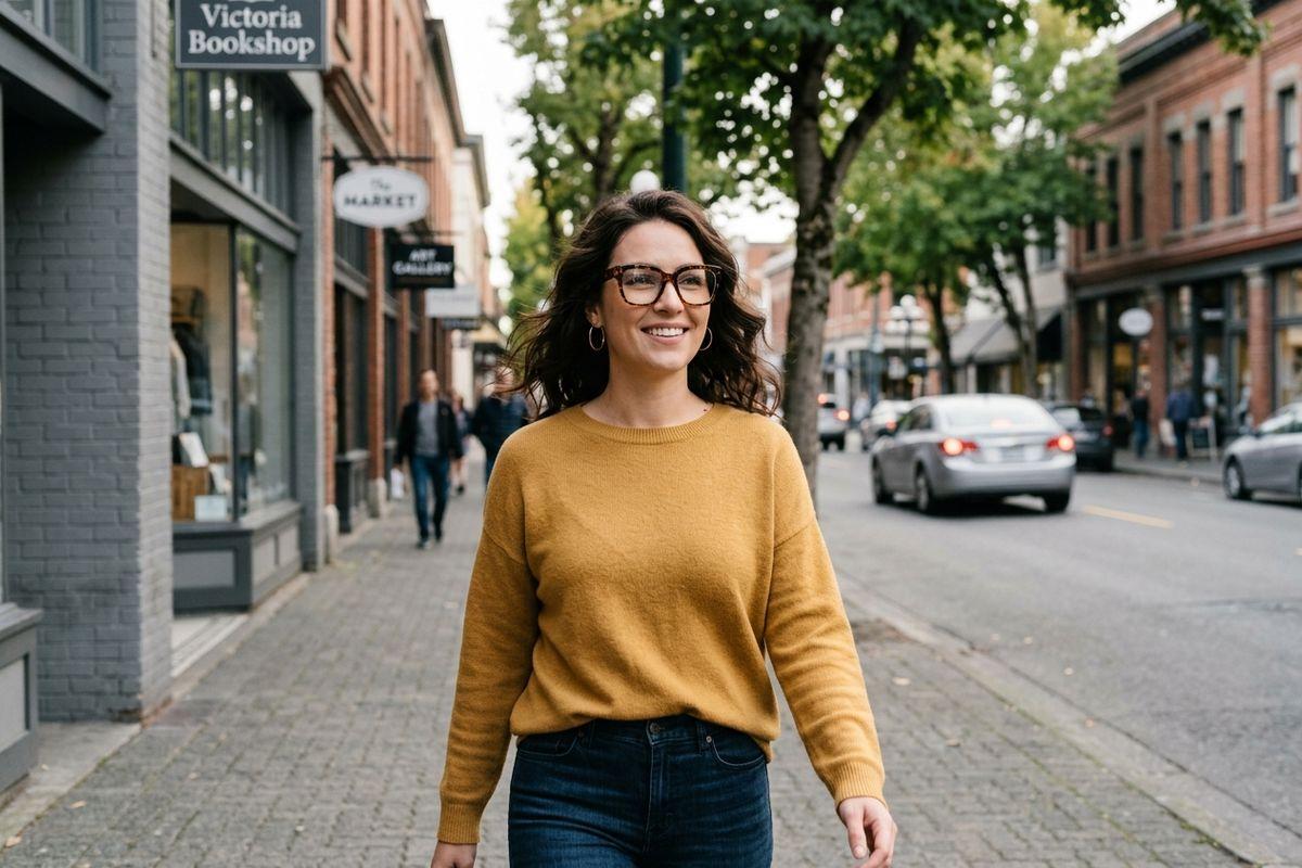 Person wearing glasses and a yellow sweater walks along a city sidewalk, smiling, with shops, trees, and cars lining the street.