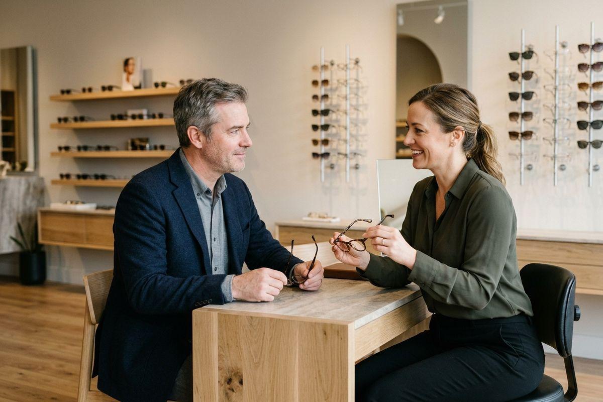 A person is having a consultation with an optician to find the best fit for his eyes.