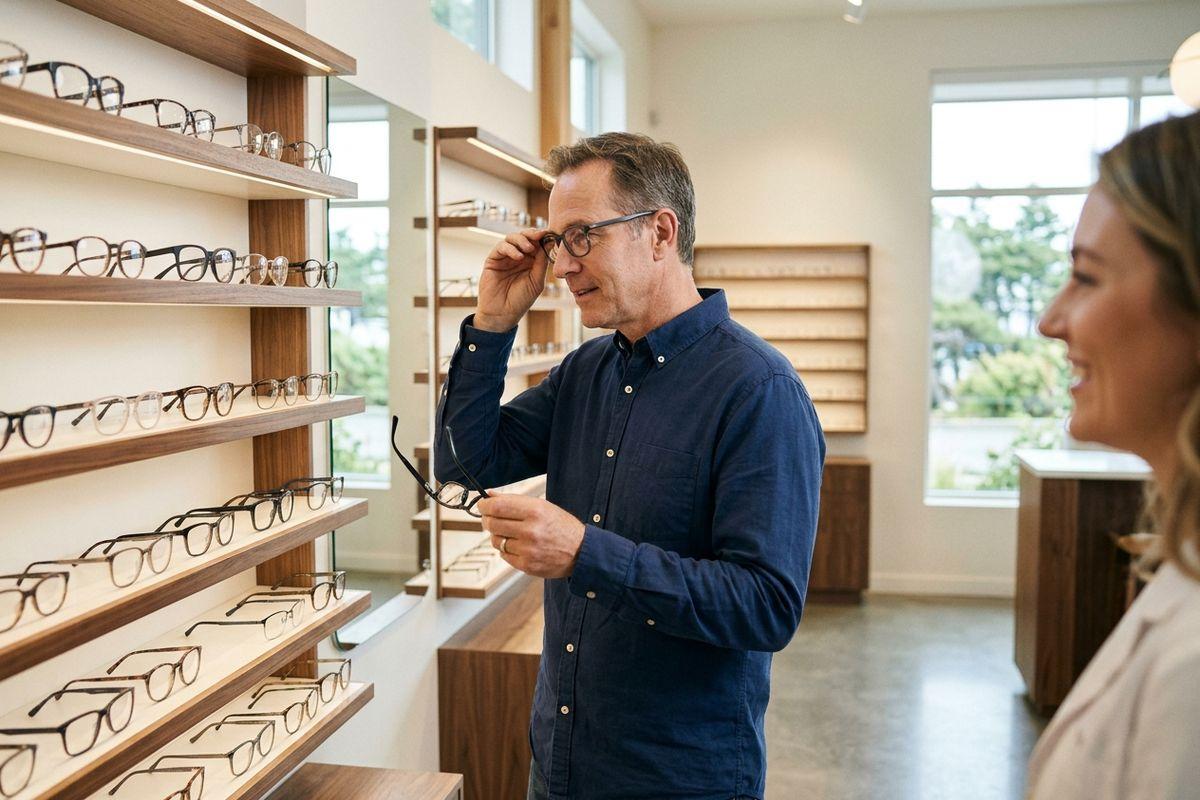 A person is trying out new glasses with an optician at the store.