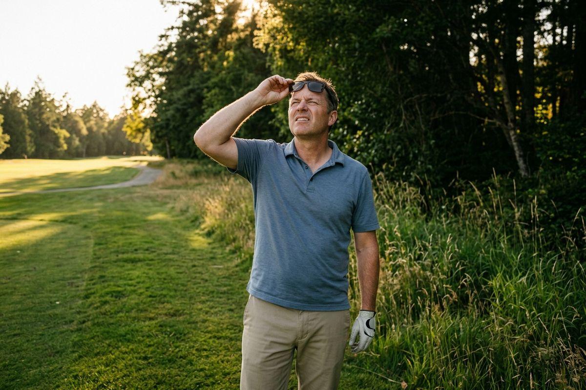 Adult golfer on a golf course squinting into sunlight while lifting sunglasses, wearing a golf glove, surrounded by green fairway and trees.
