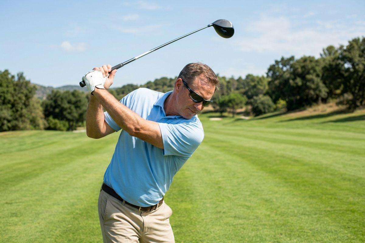 Adult in sunglasses mid-swing with a golf driver on a sunny green golf course, trees visible in the background.