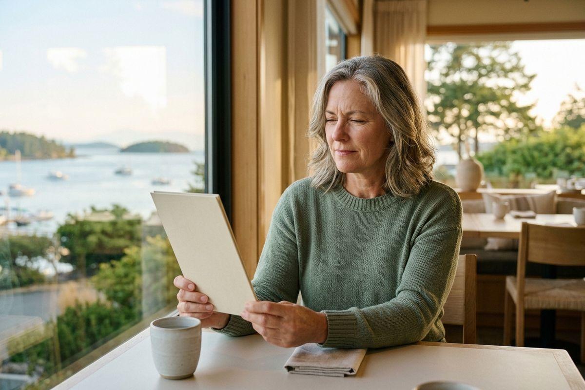 Adult in a green sweater reads a blank menu at a restaurant table by a window overlooking a bay, a ceramic mug nearby.