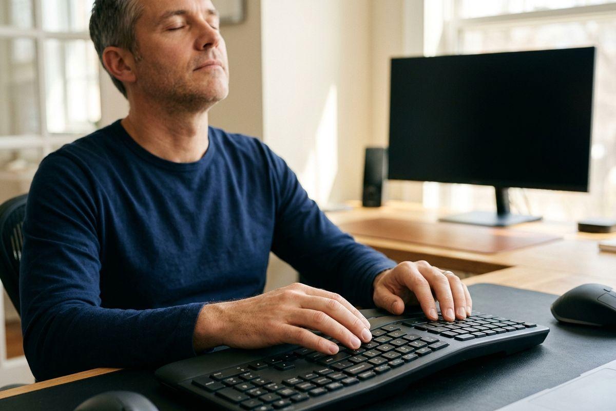 Person sitting at a desk with hands on an ergonomic keyboard, eyes closed, beside a blank monitor in a sunlit room.