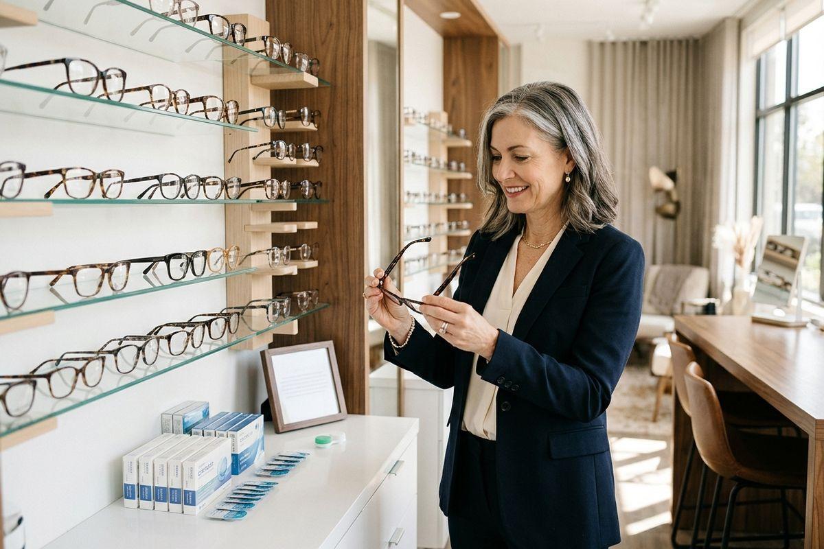 Smiling adult holds a pair of eyeglasses beside display shelves of frames in an optical shop.